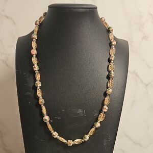 VINTAGE Rose And Cloisonee Bead Necklace 18" Strung On Wire.